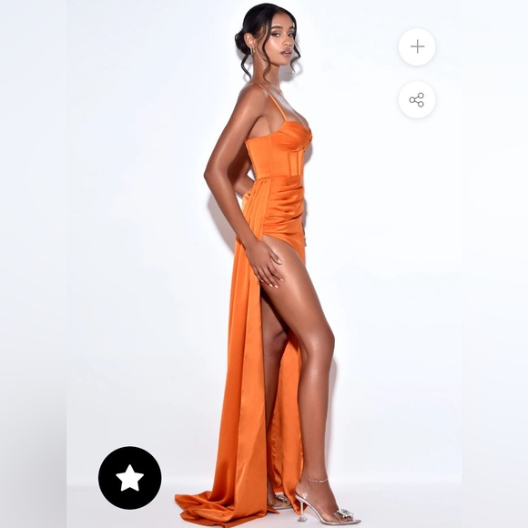 Elayna Orange Strappy Satin Corset High Slit Gown - Picture 2 of 10